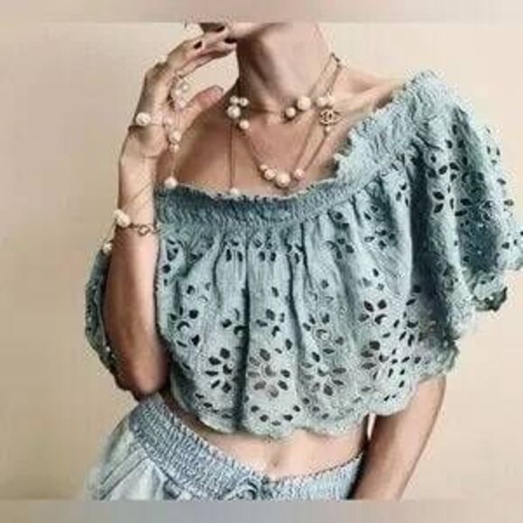 Free People Fp One Perla Top In Seafoam Green Crop Of Shoulder Embroidered Top - Picture 1 of 5